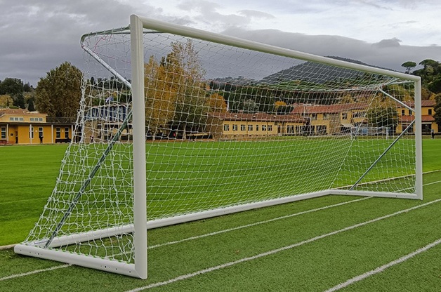 COPPIA PORTE CALCIO 7,32X2,44M, MOBILI, IN ALLUMINIO, REGGIRETE A GOMITO, CERTIFICATE UNI EN 748